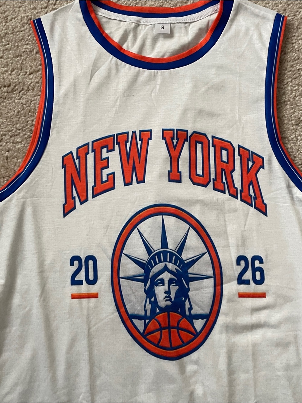 White New York Basketball Tank with Orange & Royal Blue Trim